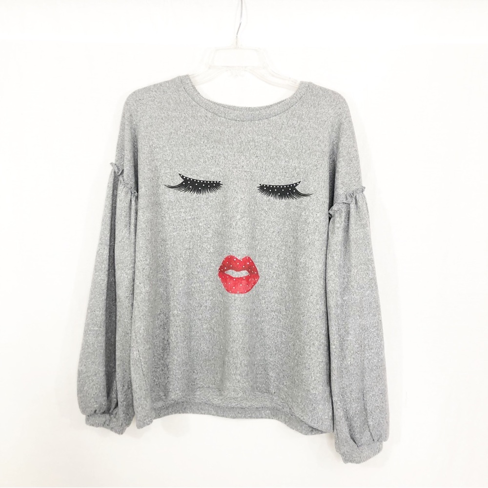 NEW Love + Luxe Soft Face Eyelashes Lips Balloon Sleeve Top, Size Medium, Gray